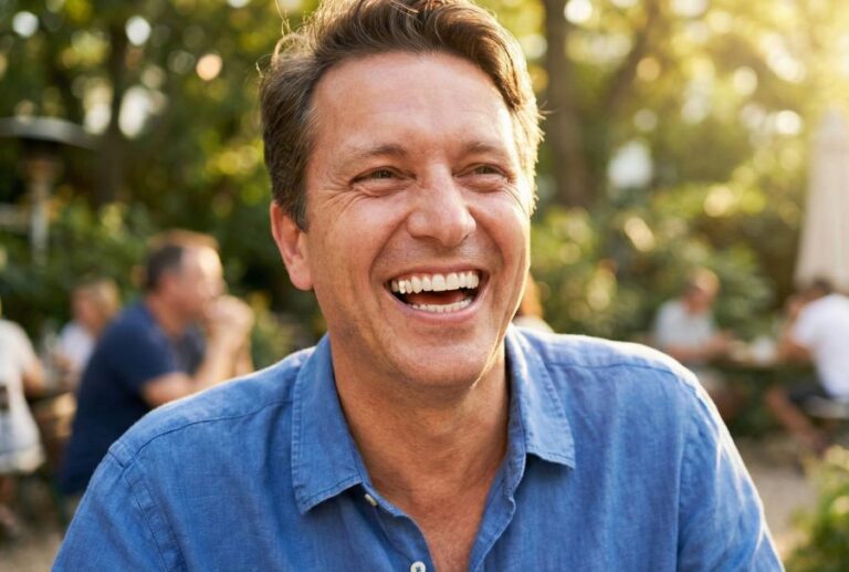 Smiling male dental patient outdoors after treatment in Allen TX