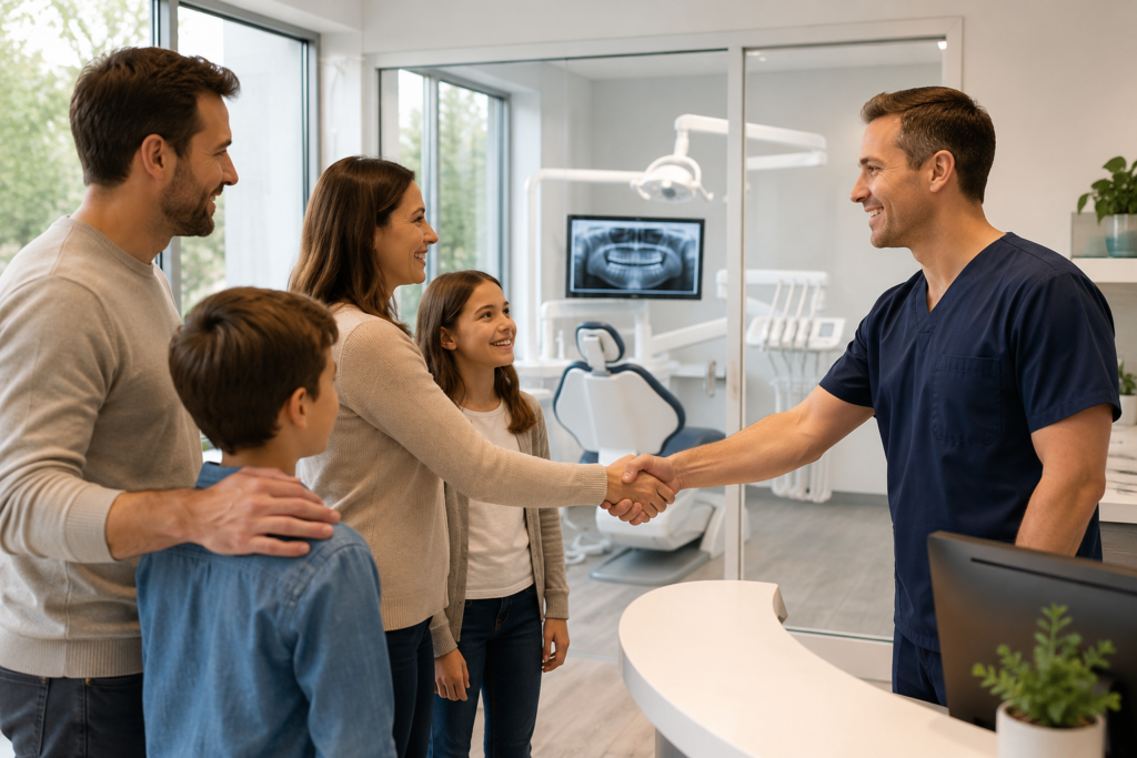 Dentist welcoming a family during a new patient visit while discussing personalized dental care in a modern dental office.
